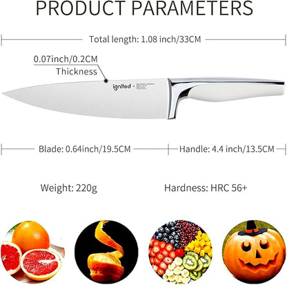 8 inch Mirror Polished Chef Knife, German 1.4116 High Carbon Stainless Steel Chefs Knife with White ABS & Stainless Steel Handle, Razor Sharp Kitchen Knife for Home & Restaurant