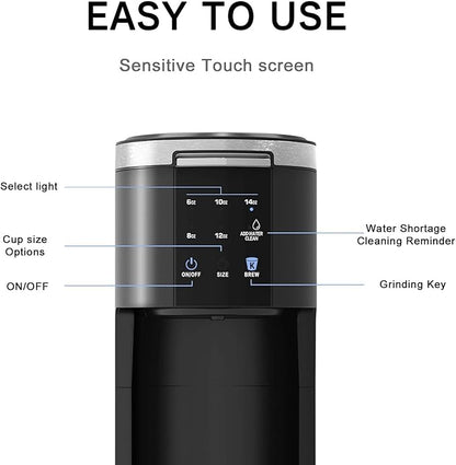 Kndko Single Serve Coffee Maker for Capsule and Ground Coffee, 6 to 14oz Brew Sizes, 40oz Removable Reservoir, Fast Brew, Compact Design, Travel Mug Friendly, Black