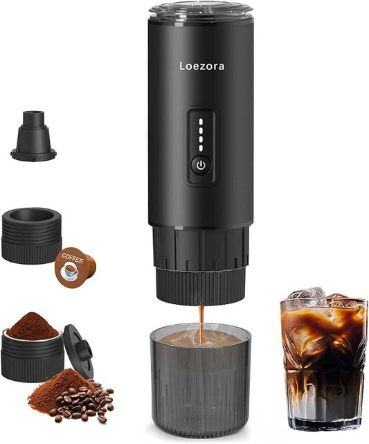 Leozora 20Bar Portable Espresso Machine, 7500mAh USB-C Rechargeable, 3-in-1 for Ground Coffee & Nespresso/DG Capsules, Stainless Steel Travel Coffee Machine for Camping, Car, Office,Black