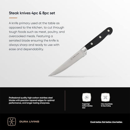 DURA LIVING Premium 8-Piece Steak Knife Set – Sharp Serrated Blades, Forged High Carbon Stainless Steel, Full Tang, Ergonomic Handle, Elegant Black Finish – Ideal for Dining & Entertaining