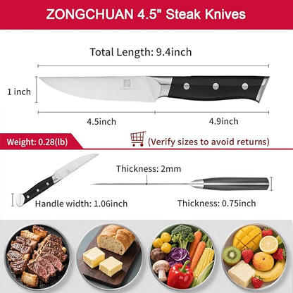 Steak Knives,4.5 Inch Steak Knife Set of 4,Micro-Cutting Point Serrated Edge,Razor Sharp Kitchen Knife,50CR15MOV Stainless Steel,Dishwasher Safe,Ergonomic Handle And Full Tang Design With Gift Box