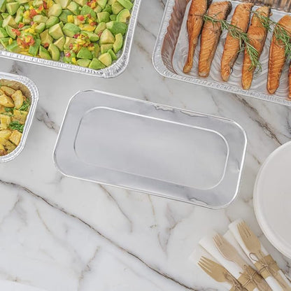 Restaurantware-LIDS ONLY: Foil Lux Foil Pan Lids Pack of 25 Oven-Ready Aluminium Tray Covers - Pans Sold Separately, Fits 1/3 Third-Size Steam Table, Foldable Edges, Freezable, Silver, Disposable