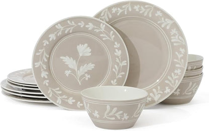 Martha Stewart Maiden Crown 12-Piece Taupe Dinnerware Set – Vegan Bone China Ceramic Plates & Bowls – Floral Design – Service for 4 – Dishwasher & Microwave Safe