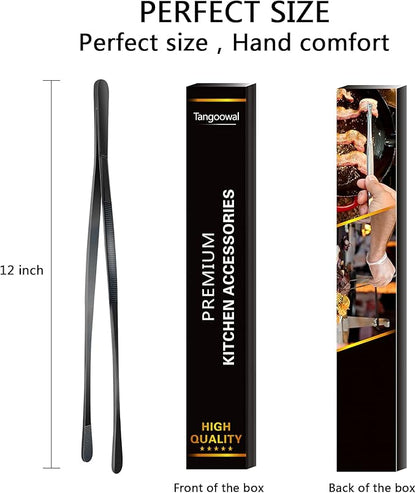 12-Inch Professional Kitchen & Cooking Tweezers Tongs - Stainless Steel Long Tweezer Tongs - Black Coated - BBQ,Plating,Multi-use