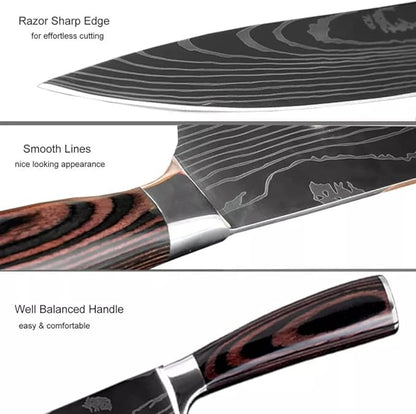 Epicurean Cook Majesty Series 8-Piece Premium Japanese Kitchen Knife Set - Ultra Sharp Laser Damascus Pattern - Professional Chef Hibachi Knives - Juego de Cuchillos para Cocina Profesional