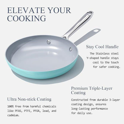 Nonstick Ceramic Frying Pan 8" for All Stovetops, PTFE/PFOA/PFAS Free, Even Heat Distribution Oven Safe up to 500°F, Healthy Non Toxic Skillet w/ Ergonomic Stainless Steel Handle, Caribbean Blue