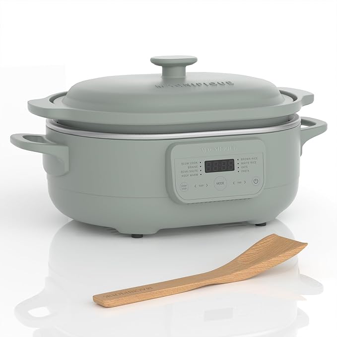 MAGNIFIQUE 4 Quart Programmable Casserole Slow Cooker, 8-in-1 Multi Cooker with Removable Non-Toxic Stoneware Crock, Claypot Slow Cooker, Rice-cooking, Nonstick, Oven Safe Pot to 450°F, Olive