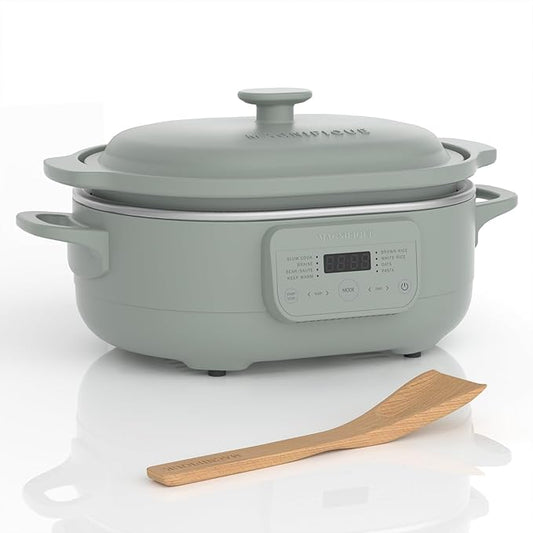 MAGNIFIQUE 4 Quart Programmable Casserole Slow Cooker, 8-in-1 Multi Cooker with Removable Non-Toxic Stoneware Crock, Claypot Slow Cooker, Rice-cooking, Nonstick, Oven Safe Pot to 450°F, Olive