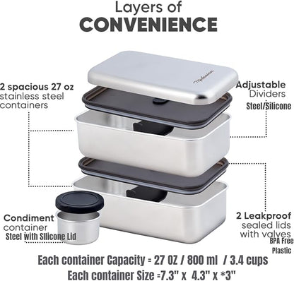 LEAK Proof Stackable Stainless Steel Bento Box |Stainless Steel Lunch Box Adult| Metal Bento box|Metal Japanese Lunch Container |large compartment| Korean bentobox| Non toxic|Microwave safe