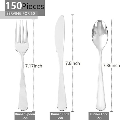 150 PCS Silver Plastic Silverware - Silver Plastic Flatware Disposable - Heavy Duty Disposable Utensils Sets Includes 50 Forks, 50 Spoons, 50 Knives for Party & Wedding