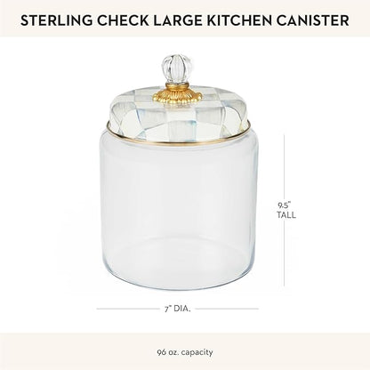 MACKENZIE-CHILDS Sterling Check Kitchen Canister, Decorative Gray-and-White Glass Storage Jar with Lid, Large