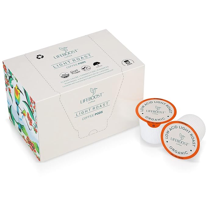 Lifeboost Light Roast Low Acid Coffee Pods - Single Origin Non-GMO Organic Coffee K Cups - Compatible with Keurig & Keurig 2 Machines - 10 Count