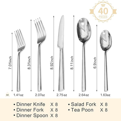 KINGSTONE Silverware Set, 40-Piece Forged Flatware Set Cutlery Set Premium Stainless Steel, Service for 8, for Kitchen, Home, Wedding, Party, Mirror Polished and Dishwasher Safe