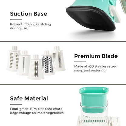 X Home 5-in-1 Rotary Cheese Grater for Kitchen, Upgraded Hand Crank Shredder with Stronger Suction Base & Multifunctional Drum Blades, for Cheese, Vegetables and Nuts, Easy to Use and Clean, Blue