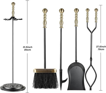 5 Pieces Fireplace Tools Sets Wrought Iron Firewood Kit with Handle Durable Tool Set and Holder for Fire Pit Stand Indoor Tong Shovel Poker Brush Firewood Accessories (Brass)
