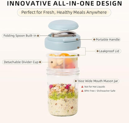 4 Pack Overnight Oats Containers with Lids and Handles, Folding Spoons & Divided Compartments for Fruit & Nuts, 16oz Glass Mason Jars for Oatmeal, Meal Prep & Breakfast (Cream/Blue/Gray/Pink)
