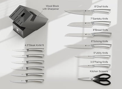 Livtek Knife Set with Block - Kitchen Knife Set German High-Carbon Stainless Steel with Built-in Sharpener - Full Tang Ergonomic Handle - Anti-Rust & Ultra Sharp - 15-Piece Set, Galaxy Series