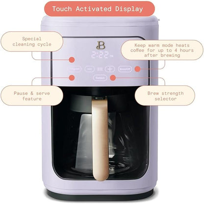 Beautiful 14 Cup Programmable Coffee Maker, Touch Display, 1200W, Brew Strength Control, Keep Warm, Pause & Serve, Glass Carafe, Reusable Filter, Auto Shut-Off, Matte Finish (Lavender)
