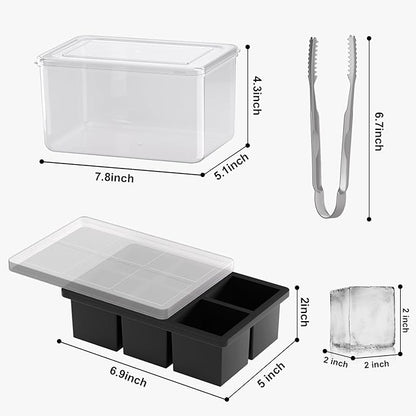 Samuelworld Large Ice Cube Tray with Lid and Bin: 2 Inch Silicone Old Fashioned Ice Cube Mold with Lid and Bin, Big Square Ice Cube Maker for Whiskey-3 Pack (With Ice Tong)