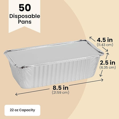 Juvale 50 Pack Aluminum Foil 2 lb Disposable Loaf Pans With Lids for Baking Bread, Heating, Storing Food (32oz, 8.5 x 4.5 In)