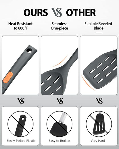 Silicone Spatulas and Spaghetti Spoons, 4 Pack Heat Resistant Full Silicone Cooking Utensils Set, Non Stick Large Kitchen Spatula Spoons for Cooking, Mixing, Serving, Draining