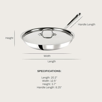 All-Clad D3 12" Stainless Steel Frying pan W/Lid, 3-Ply Stainless Steel Pan, Induction, Oven Broiler Safe 600F Skillet, Professional Cookware, Silver