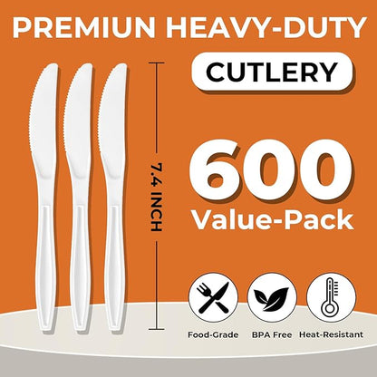 600Pack Disposable Plastic Knives Bulk White Heavy Duty Silverware - Value Pack Cutlery Set For Parties, Restaurant (600KNIVES)
