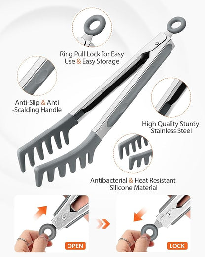 Silicone Spaghetti Spoon & Pasta Tong, Non-Stick Stainless Steel Handle Pasta Fork Set with Teeth, Food Clip for Easy Serving of Noodles(Grey)