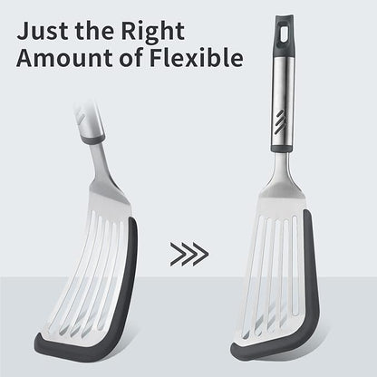 Fish Spatula for Nonstick Cookware, Stainless Steel Slotted Spatula with Silicone Edge, Flexible Metal Turner for Cooking, Flipping, Frying, 12.6" Egg Flipper Utensils, Heat Resistant Handle