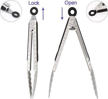 304 Stainless Steel Kitchen Cooking Tongs, 9" and 12" Set of 4 Sturdy Grilling Barbeque Brushed Locking Food Tongs with Ergonomic Grip, Black