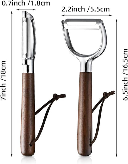 Ugotit Fruit Vegetable Peeler Set for Kitchen, Stainless Steel Potato Peelers Ultra Sharp Swivel Blade, Premium Real Wood Handle Leather Strap (Y&I Shaped)
