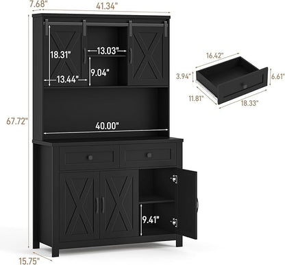 67.7 Inch Farmhouse Pantry Storage Cabinet with Sliding Barn Doors, 2 Drawer Farmhouse Coffee Cabinet with Adjustable Shelf, Side Board with Buffet Cupboard for Livingroom Kitchen, Black