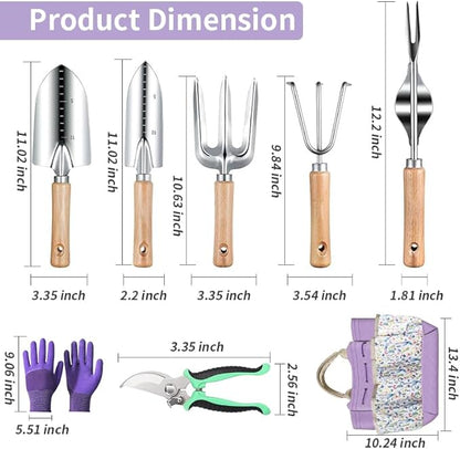 Garden Tools Set 9-Piece, Heavy Duty Stainless Steel Garden Hand Tools with Floral Tote Bag - Rust-Proof Garden Tools for Gardening, Gardening Gifts for Women Mom