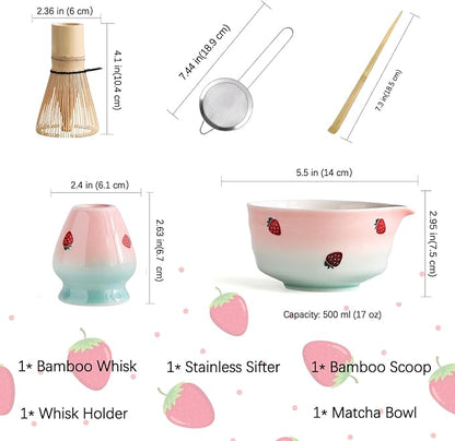 Matcha Whisk Set, Matcha Bowl with Spout, Matcha Whisk and Holder, Bamboo Matcha Scoop and Stainless Sifter,Ceramic Matcha Bowl(Pink Green)