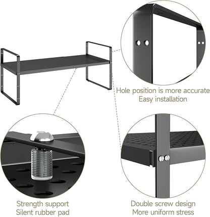 Hole Pattern Expandable Shelf Organizer,1Pack 10.2" Wide Easy to Assemble Cabinet Organizer Shelf, 16.5~27.1" Adjustable Height&Stackable Spice Organization for Cupboard, Black