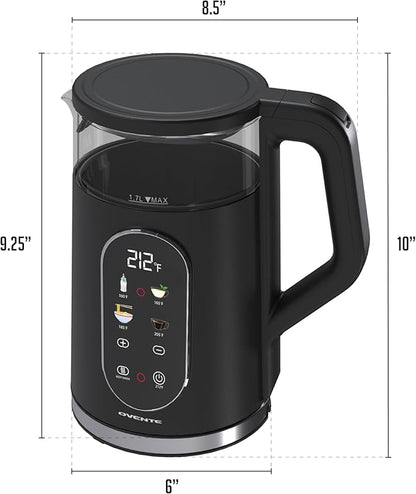 OVENTE Electric Kettle, 1.7L Fast Boiling Water Heater with Digital Touchscreen, Double-Wall Cool Touch Exterior, 5Hr Keep Warm, Auto-Shut Off, Boil-Dry Protection and Borosilicate Glass, Black KD96B