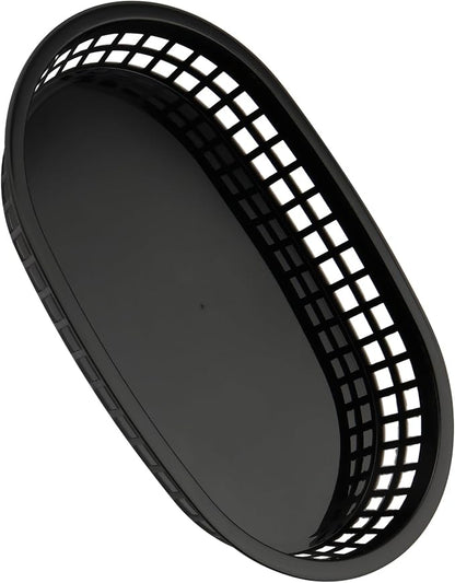 30 Pack 10.5x6.7x1.3 Inch Black Plastic Fast Food Baskets, Restaurant Serving Baskets, Flat Oval Fast Food Serving Basket for Picnic, Deli Serving, Chicken, Burgers and Fries