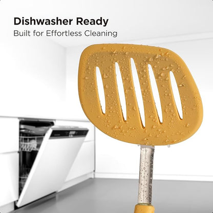 Kitchen Mama WaltzGrip Platinum Silicone Pancake Spatula Turner: Heat-Resistant, Slotted Tapered Head, Stainless Steel Core, Durable, Dishwasher-Safe, Ideal for Flipping and Wok Use (Yellow)