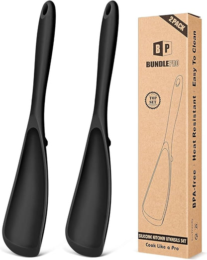 Pack of 2 Cooking Spoons for Non Stick Cookware, Multifunction Spatula Spoon BPA-Free, One-Piece Design, Suitable for Scooping, Scraping, Serving and Mixing (BLACK-BLACK)