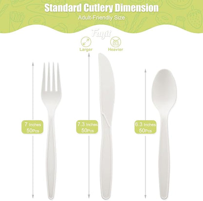 Fuyit 150 Count Compostable Cutlery Set, Disposable Biodegradable Utensils Eco-friendly Durable Cornstarch Flatware Includes 50 Forks, Knives & Spoons for Party, BBQ, Picnic & Potlucks (White)