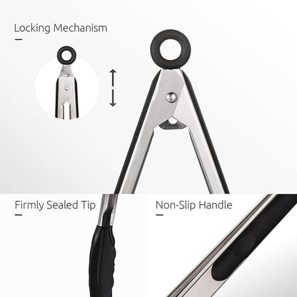 Kitchen Tongs, U-Taste 7/9/12 inches Cooking Tongs, with 600ºF High Heat-Resistant Non-Stick Silicone Tips, 18/8 Stainless Steel Handle, for Food Grill, Salad, BBQ, Frying, Serving, Pack of 3(Black)