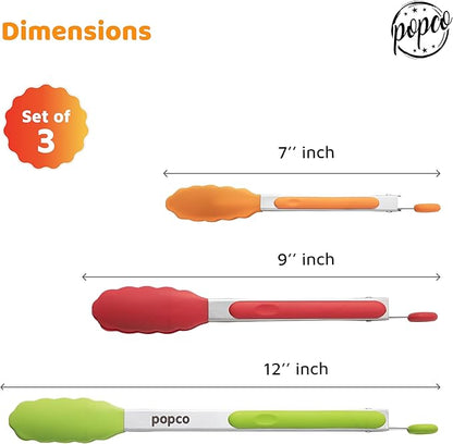 Popco 3-Piece Kitchen Tongs Set – Stainless Steel Heat Resistant Silicone Tips, Strong Comfort Grip, 3 Sizes (7, 9, 12 Inch), Non-Scratch, Dishwasher Safe, for Cooking, BBQ, Salad