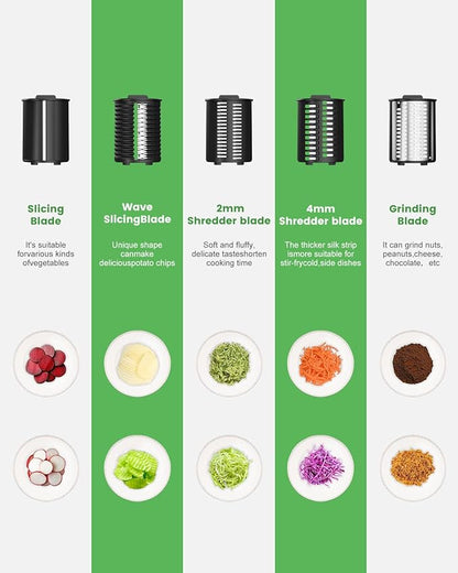 Electric Cheese Grater - 250W Electric Slicer Shredder Salad Maker with 5 Blades for Cheese, Vegetables, Fruits, and Salad, Easy One-Touch Control，5 in 1，Silver