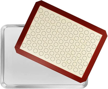 Baking Sheet with Silicone Mat Set, Set of 8 (4 Sheets + 4 Mats), Stainless Steel Cookie Sheet Baking Pans with Reusable Silicone Baking Mat, Non Toxic & Heavy Duty & Easy Clean