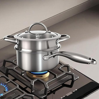 1.5 Quart Stainless Steel Saucepan with Steamer Basket, 18/10 Tri-ply Construction, Versatile Sauce Pan with glass Lid - Perfect for Cooking Gravies. Pasta, Vegetable and More