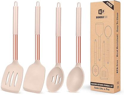 Pack of 4 Silicone Cooking Utensils Set, Non Stick Large Solid Spatulas, Heat Resistant Rose Gold Khaki Slotted Spoons, Ideal BPA Free Kitchen Turners for Frying, Mixing,Serving,Draining,Turning
