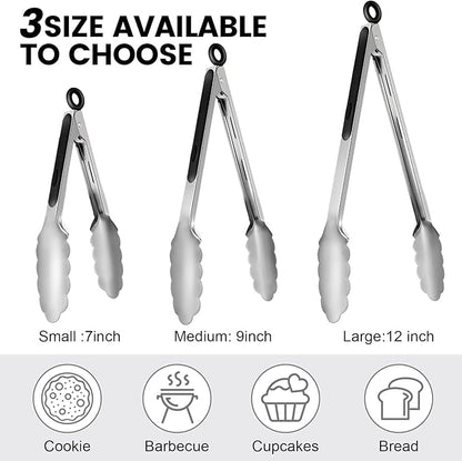 Chengu 12 Pack Stainless Steel Kitchen Tongs 7/9/12 Inches Food Serving Clip Kitchen Cooking Tongs High Heat Resistant Clips for Cooking Non Stick Locking Grill Salad (Black)