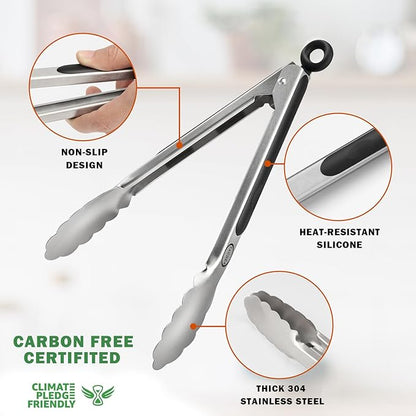 TACGEA Stainless Steel Kitchen Tongs, Silicone Non-slip Grip, Locking Grilling Food Tongs Set of 3-7inch, 9inch and 12inch