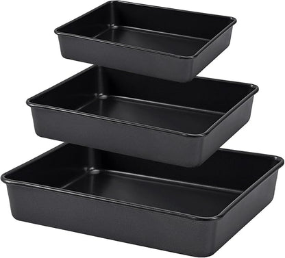 Nonstick Roasting Pan, Deep Baking Pan Set, Large Cake Pan Sets for Oven, 3-Piece Brownie Pan （Black）