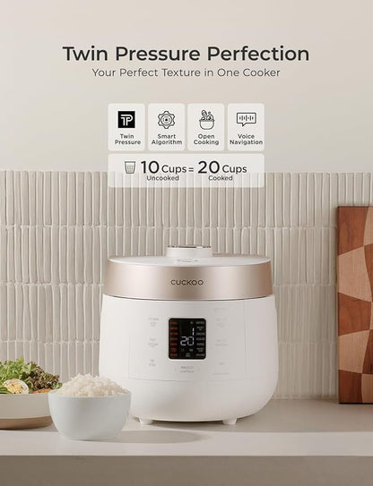 CUCKOO Twin Pressure Rice Cooker 10-Cup Uncooked / 20-Cup Cooked with Nonstick Inner Pot, Large Rice Maker & Warmer with 16 Menu Options, Open Cooking Mode, Voice Guide, White (CRP-ST1009FW)